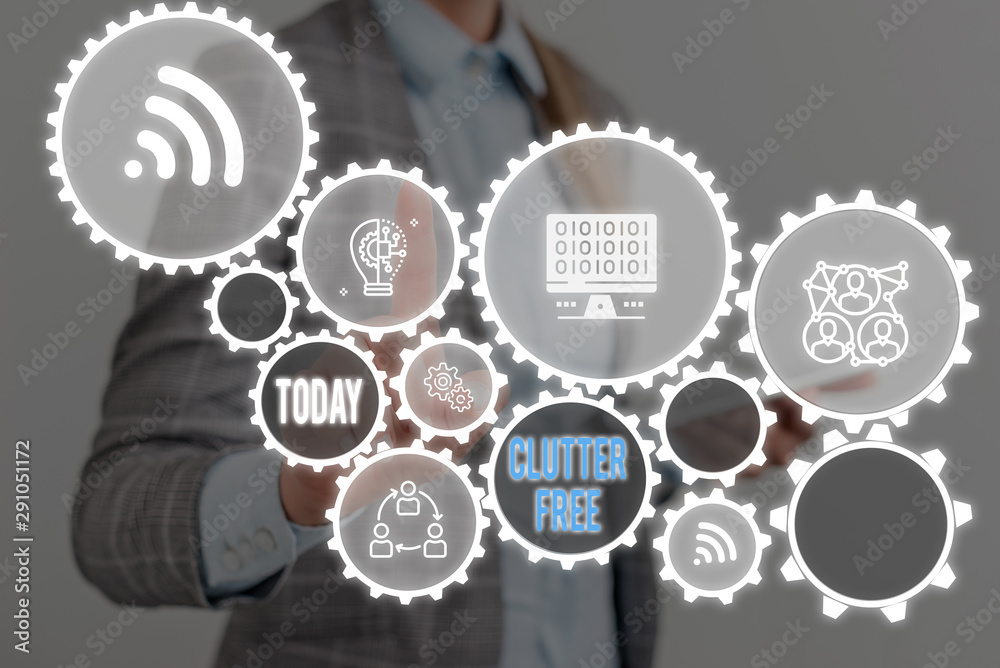 Writing note showing Clutter Free. Business concept for Well organized and arranged Tidy All things in right places Woman wear formal work suit presenting presentation using smart device Writing note showing Clutter Free. Business concept for Well organized and arranged Tidy All things in right places Woman wear formal work suit presenting presentation using smart device