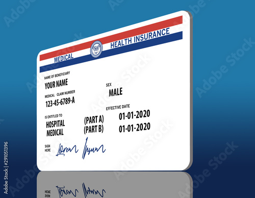 Here is a mock, generic, 2020 Medicare Health Insurance card. It does not use the word Medicare on the card but resembles a real Medicare card. The signaure on the card says: Lorem Ipsum photo