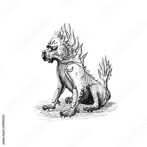 Konstfotografi mythical lion guard, ink drawing of sculpture