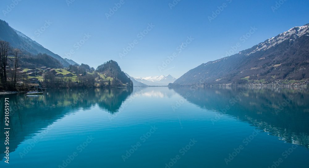 The beautiful Lake Brienz from a stunning viewpoint at Iseltwald village that located om the shore at the middle of the lake. 