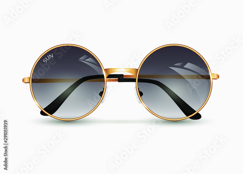 Women's sunglasses isolated on  white background, round gold-rimmed glasses, women's accessory. Summer season, the sea, the beach, vintage, trend. Vector illustration. EPS10