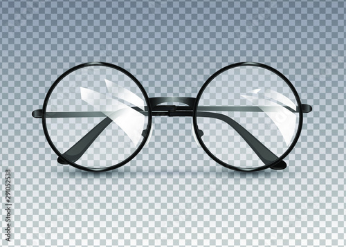 Black glasses isolated on transparent background, round black-rimmed glasses, women's and men's accessory. Optics, see well, lens, vintage, trend. Vector illustration. EPS10