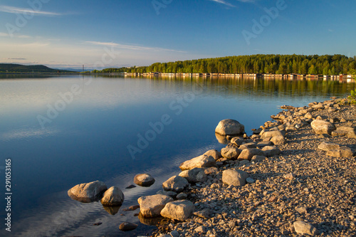 View of the lake Kovdozero in Zelenoborsky village near Kandalaksha. Kola Peninsula, Russia.