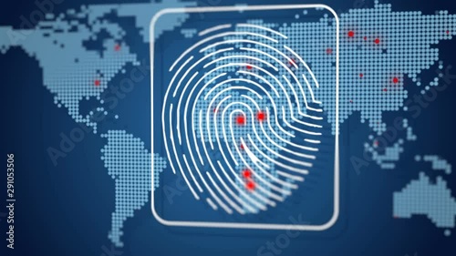Digital fingerprint data protection, users connecting worldwide, map red dots