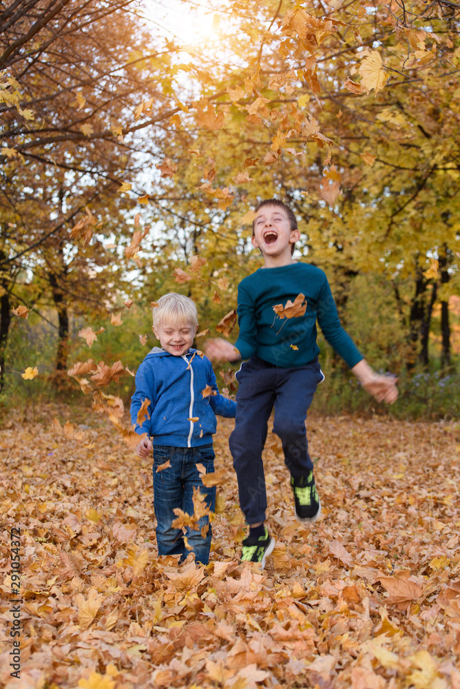Two boys have fun, toss up leaves and jump in the park. Autumn day Two boys have fun, toss up leaves and jump in the park. Autumn day