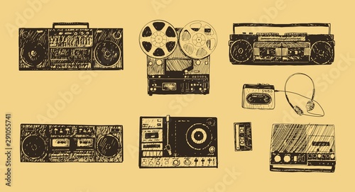 Retro media. Microphones, reel tape recorder, radio receiver, headphones. Set of items music lover and radio isolated on white background.