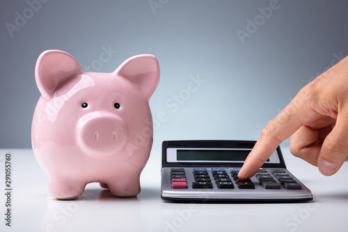 Person Calculating With Calculator Near Piggy Bank At Desk photo