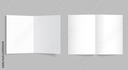 Mockup bi-fold brochure or booklet. White bifold paper cover of flyer for print with shadow. Template leaflet page format of a4, a3, a5. vector illustration
