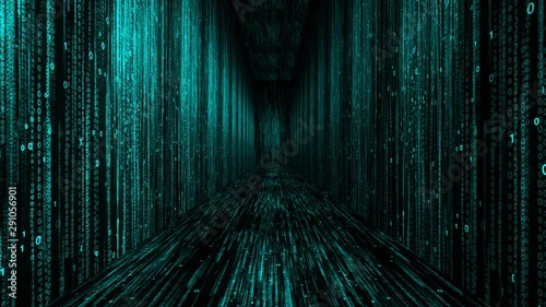 Matrix corridor digital numbers 0 and 1 in computer world of code background