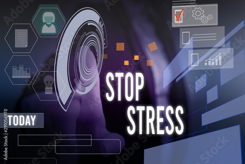 Conceptual hand writing showing Stop Stress. Concept meaning Seek help Take medicines Spend time with loveones Get more sleep Woman wear work suit presenting presentation smart device