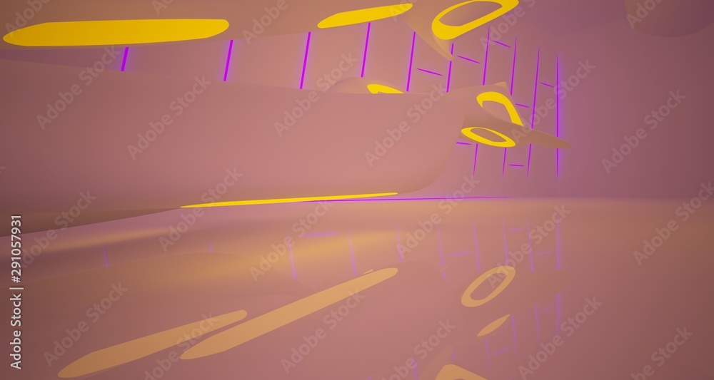 Abstract architectural smooth white interior of a minimalist house with color gradient neon lighting. 3D illustration and rendering.