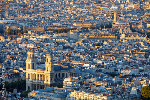 Aerial scenic view of central Paris with Saint-Sulpice cathedral. Photo taken from Montparnasse tower