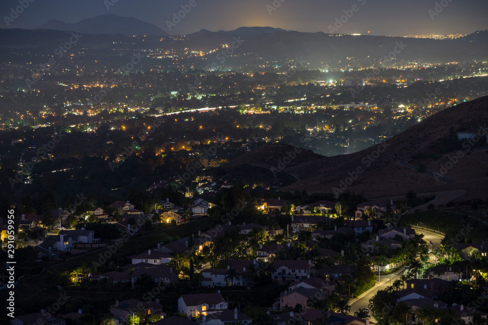 Hazy night hilltop view of suburban Simi Valley near Los Angeles in Ventura County, California.