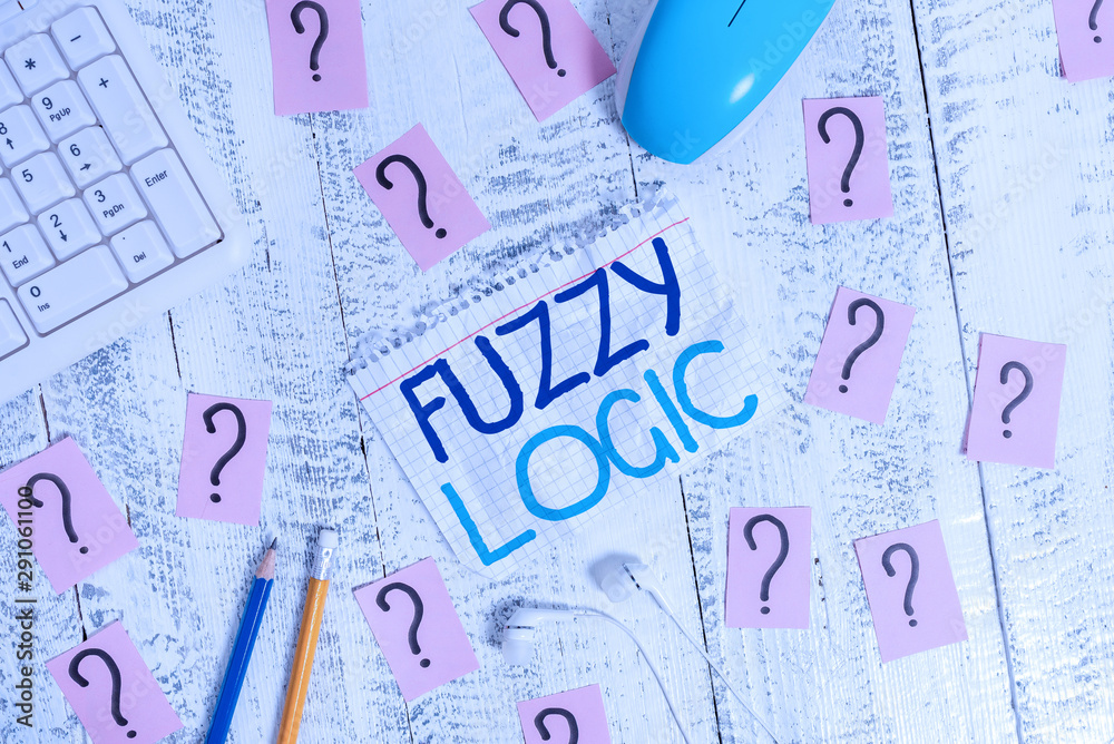 Writing note showing Fuzzy Logic. Business concept for checks for extent of dirt and grease amount of soap and water Writing tools and scribbled paper on top of the wooden table Writing note showing Fuzzy Logic. Business concept for checks for extent of dirt and grease amount of soap and water Writing tools and scribbled paper on top of the wooden table