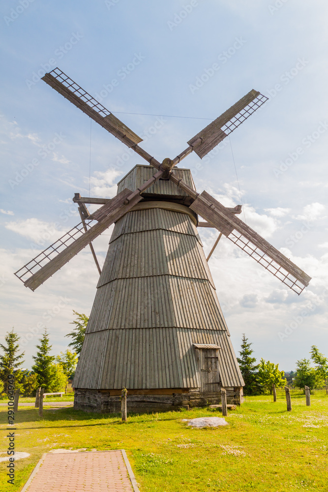 Wooden wind mill in Dudutki village, Belarus