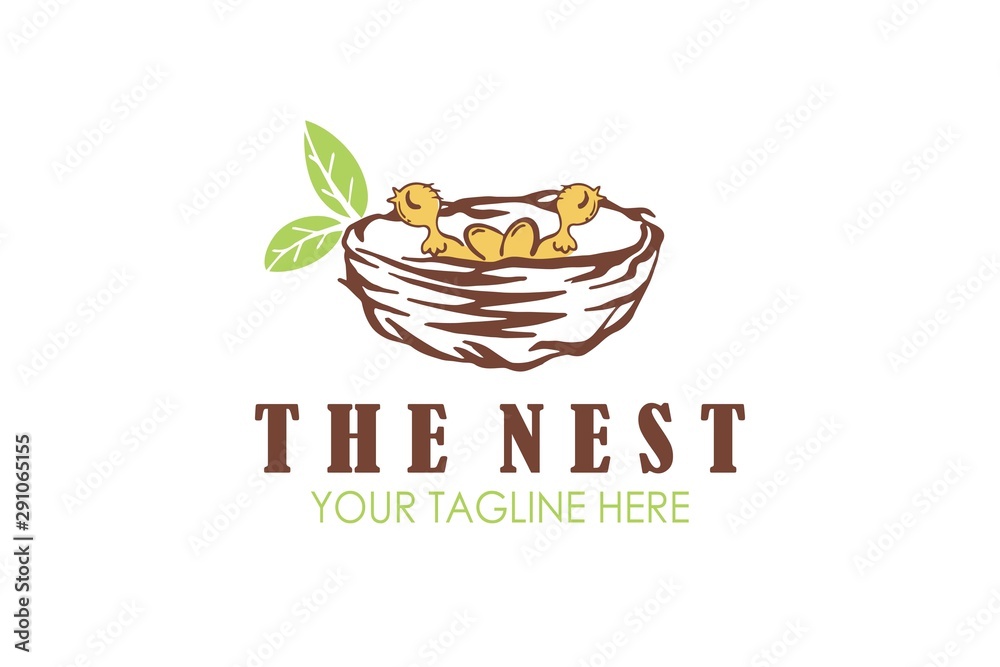 The nest logo with illustration of 2 baby bird on their nest with a green leaf The nest logo with illustration of 2 baby bird on their nest with a green leaf