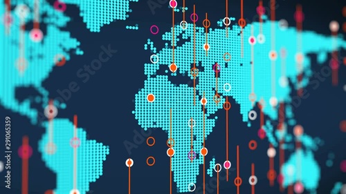 Worldwide digital schematic map rotation with business stock candle sticks
