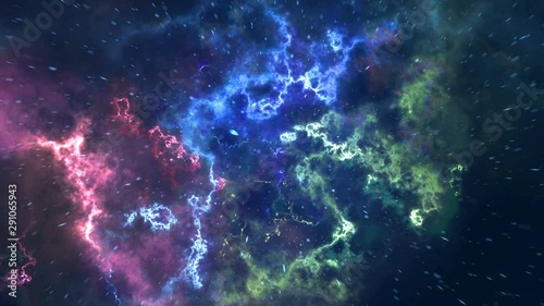 Flying through colorful space, future space travel fantastic view hyper jump