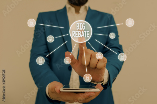 Text sign showing Big Rebate. Business photo showcasing Huge rewards that can get when you engaged to a special promo Male human wear formal work suit presenting presentation using smart device photo