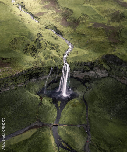 Aerial view of Seljalandsfoss waterfall in Iceland in Summer