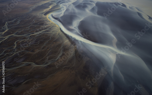 Aerial views of glacier river patterns in Iceland
