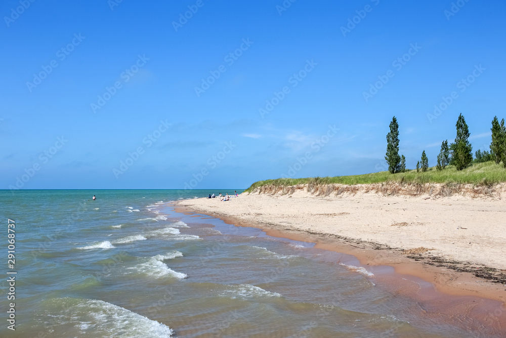 Fototapeta premium Beach on Lake Michigan, a large portion is gone due to high water and erosion