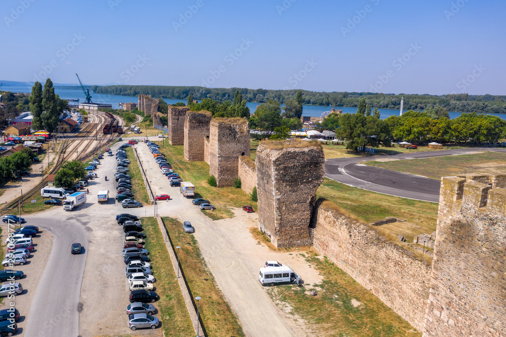 Aerial view of Smederevo (Szendro) Byzantine and Ottoman castle and walled town along the Danube river in Serbia former Yugoslavia with moat and partially restored towers