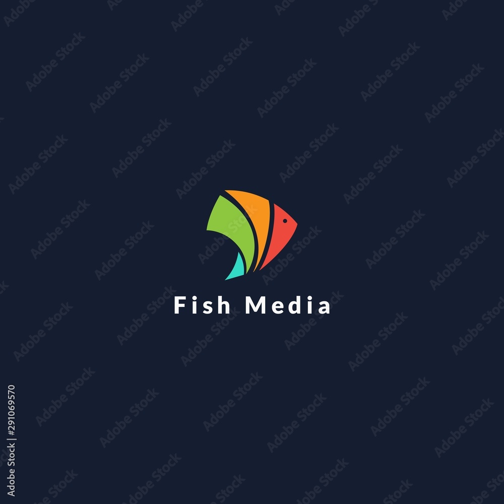 Fish multimedia modern flat logo with different layer element in logo vector template illustration