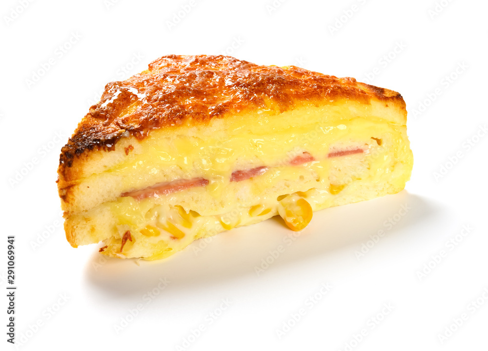 side view sandwich with BBQ pork and maize on white background side view sandwich with BBQ pork and maize on white background