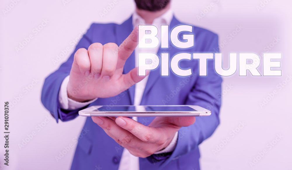 Obraz premium Word writing text Big Picture. Business photo showcasing most important facts about certain situation and its effects Businessman with pointing finger in front of him