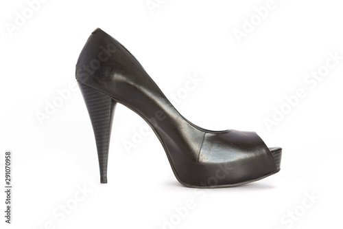 Black high-heeled women's shoe on a white background