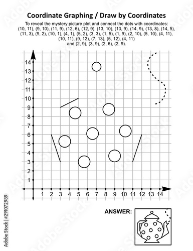 Coordinate graphing, or draw by coordinates, math worksheet with a teapot: To reveal the mystery picture plot and connect the dots with given coordinates. Answer included.