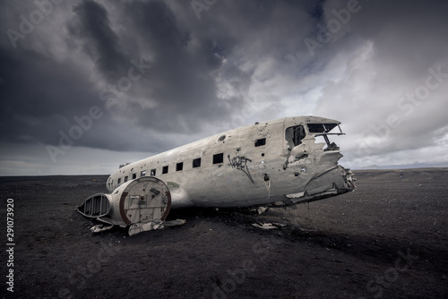 Plane wreckage in Black sand beach in iceland