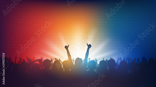 Silhouette of people raise hands up in concert and digital dot pattern. on red and blue color background