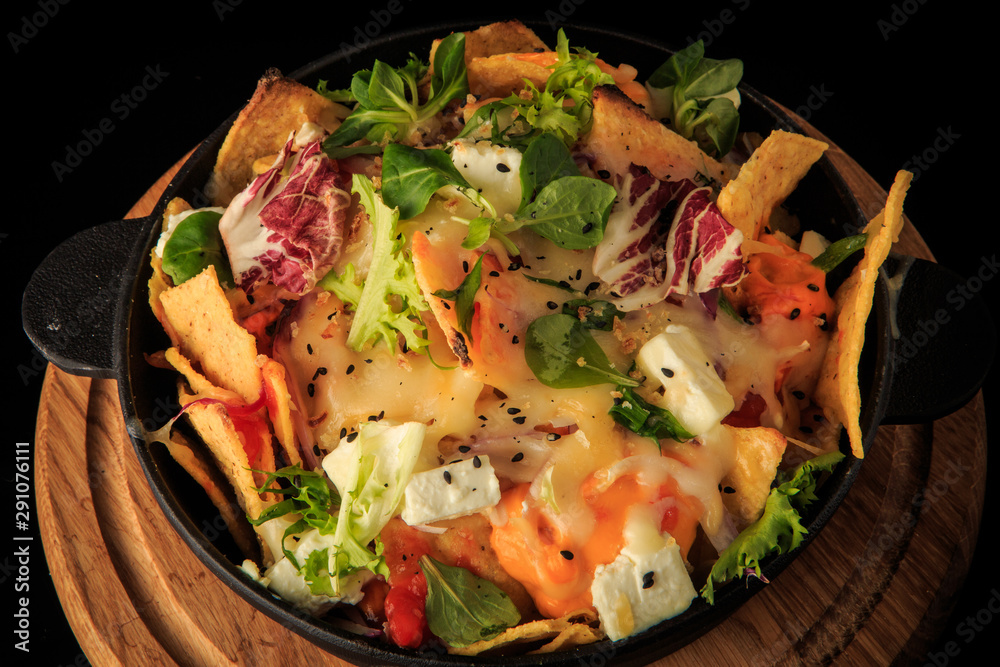 top view closeup exquisite decorated cheese and greens salad top view closeup exquisite decorated cheese and greens salad