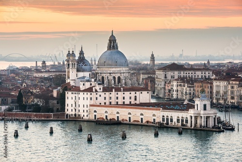 Cityscape of Venice at sunset as seen from a belltower