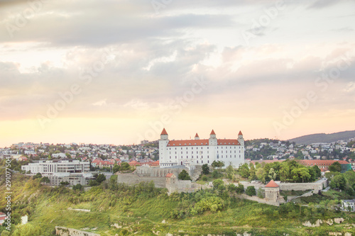 Beautiful view of the Bratislava castle on the banks of the Danube in the old town of Bratislava, Slovakia on a sunny summer day.