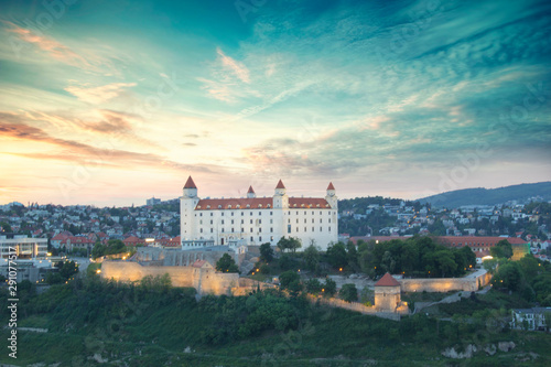 Beautiful view of the Bratislava castle on the banks of the Danube in the old town of Bratislava, Slovakia on a sunny summer day.