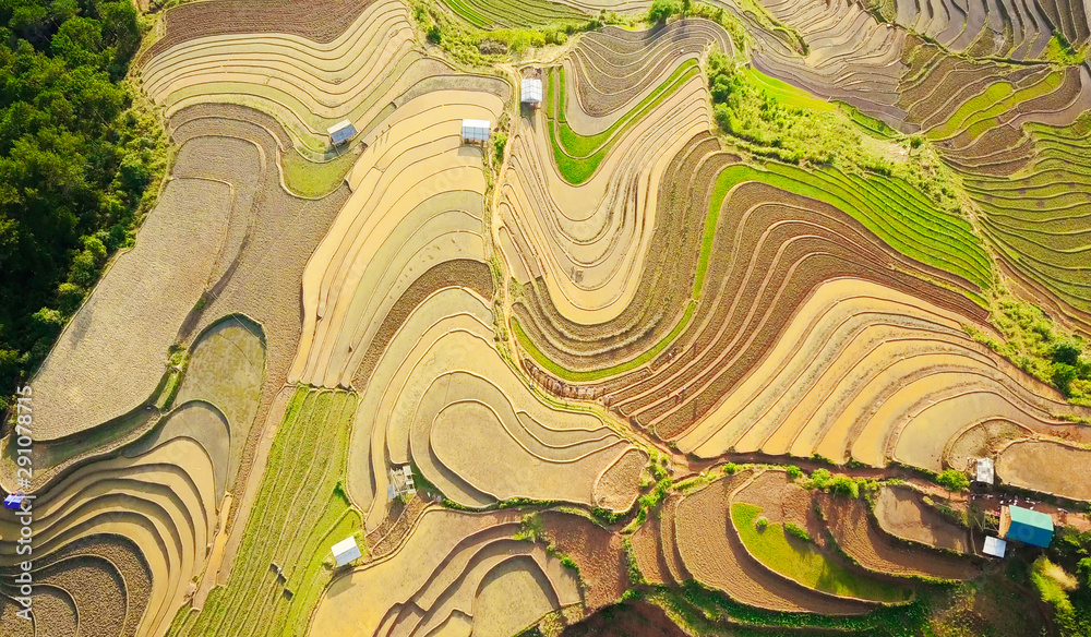 Aerial image of rice terraces in Mu Cang Chai, Vietnam in watering season. Aerial image of rice terraces in Mu Cang Chai, Vietnam in watering season.