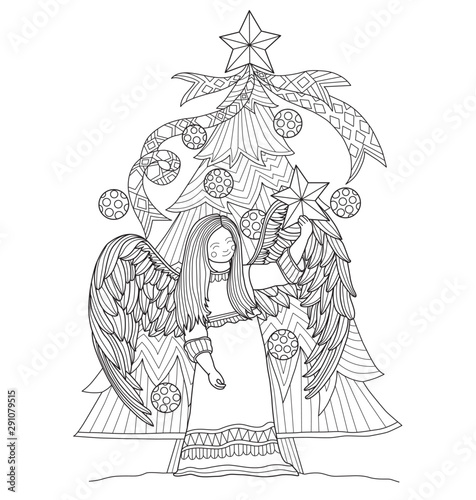 Hand drawn sketch illustration of angel and Christmas tree for adult coloring book.