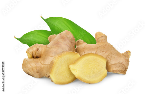 fresh ginger with leaves isolated on white background