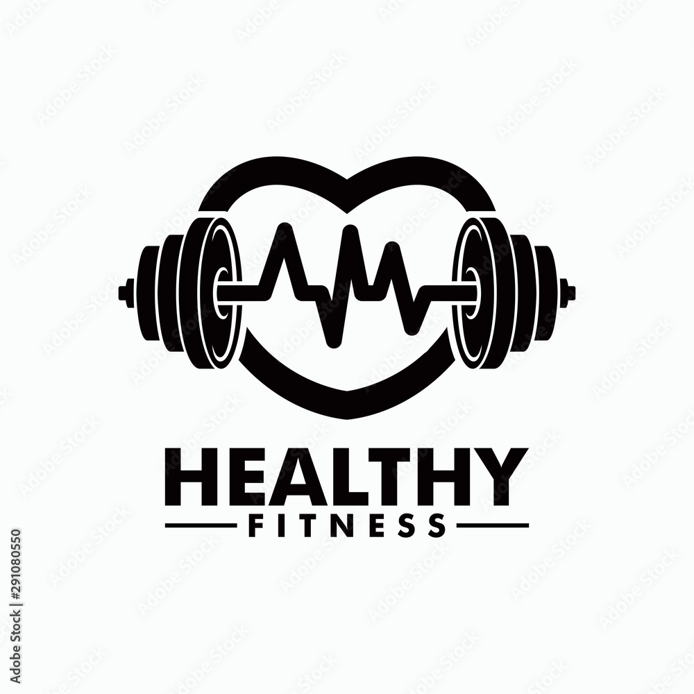 Healthy Fitness logo Concept. Pulse & Hearth with Barbell Vector