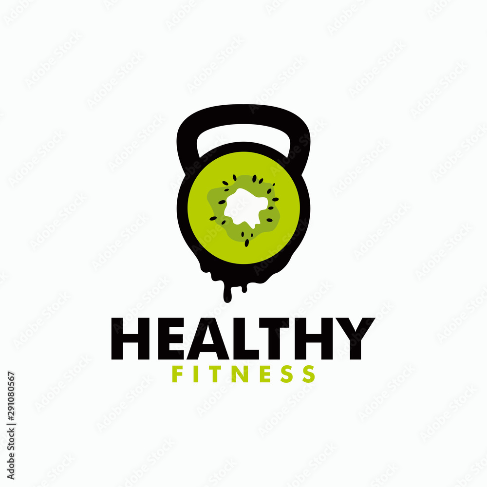 Healthy Fitness logo Concept. Kiwi with KettleBell GYM Vector template
