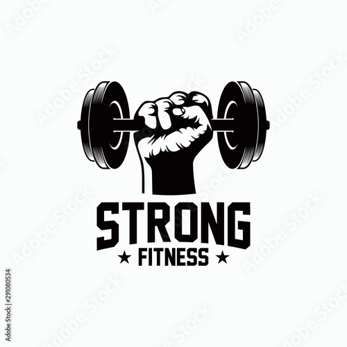 Strong Fitness logo. Hand holding barbell Monochrome vector. Vintage gym templates. 