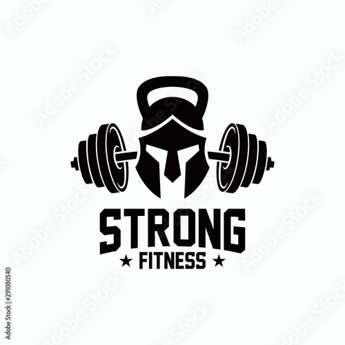 Strong Fitness logo concept. KettleBell & Barbel with Spartan Helmet. Vintage gym templates. dumbbell, barbell, helmet, bodybuilding, activity, athlete, athletic, bodybuilder