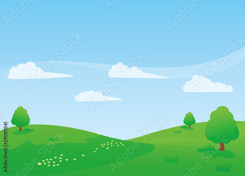 Nature landscape vector illustration with green meadow, trees and blue sky