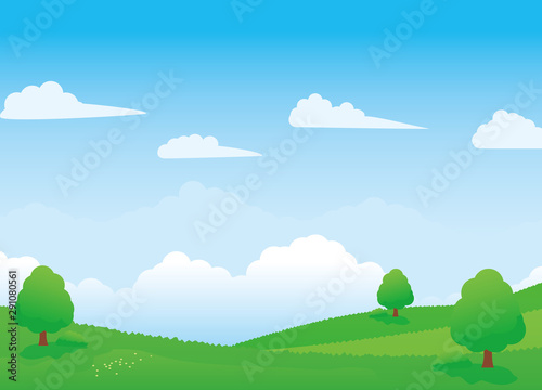 Nature landscape vector illustration with green meadow, trees and blue sky