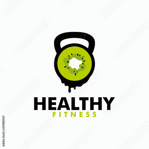Healthy Fitness logo Concept. Kiwi with KettleBell GYM Vector template. fruit, fitness, dumbbell, active, activity, athlete, athletic, badge, barbell, body, bodybuilder, bodybuilding