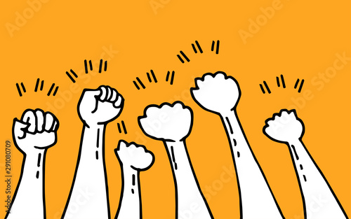 doodle hands up. fist hand, protest symbol, power sign on cartoon style. vector illustration