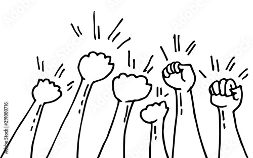 hand drawn of doodle hands up. fist hand, protest symbol, power sign. vector illustration